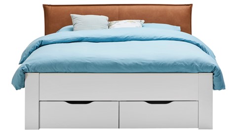 Bed Space met lederlook hoofdbord en opbergladen, wit + bruin