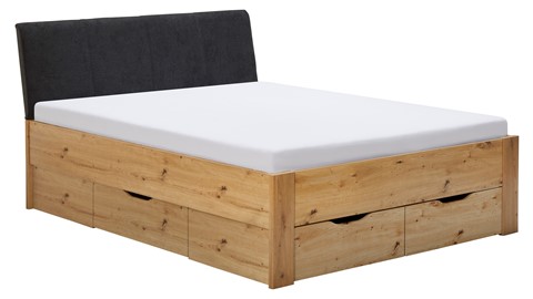 Bed Space met gestoffeerd hoofdbord en opbergladen, eiken + grijs