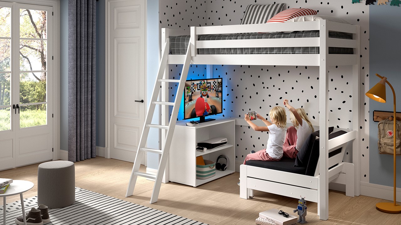 Hoge bed 90x200 cm - meerdere opbergruimtes - met ladder bureau - met 3 laden - wit (matras niet