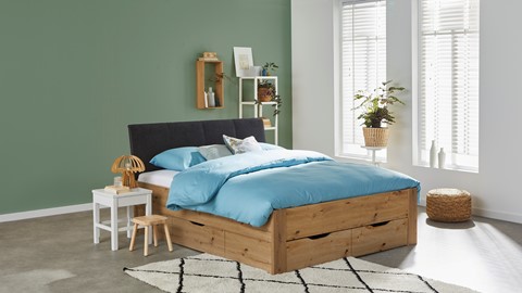 Bed Space met gestoffeerd hoofdbord en opbergladen, eiken + grijs