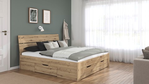 Bed Nori met hoofdbord en 4 opbergladen, artisan eiken