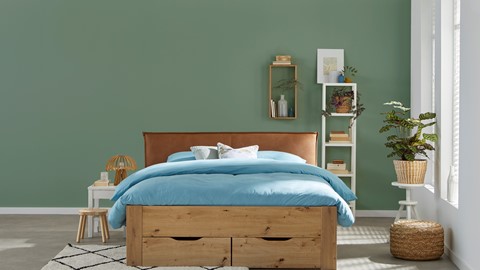 Bed Space met lederlook hoofdbord en opbergladen, eiken + bruin