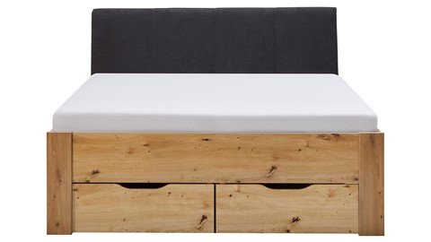 Bed Space met gestoffeerd hoofdbord en opbergladen, eiken + grijs