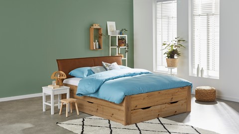 Bed Space met lederlook hoofdbord en opbergladen, eiken + bruin