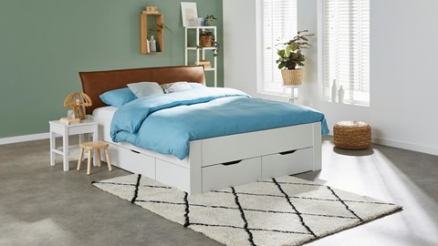 Bed Space met lederlook hoofdbord en opbergladen, wit + bruin