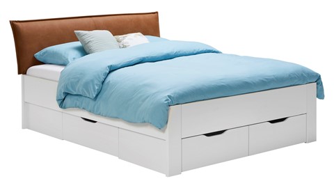 Bed Space met lederlook hoofdbord en opbergladen, wit + bruin
