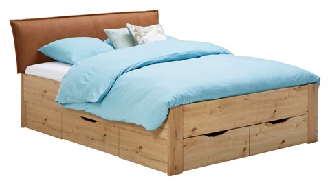 Bed Space met lederlook hoofdbord en opbergladen, eiken + bruin