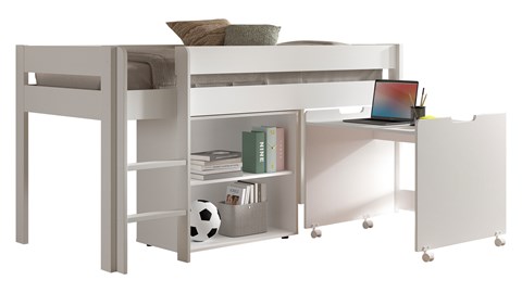 Halfhoogslaper met boekenkast en bureau Primo, wit