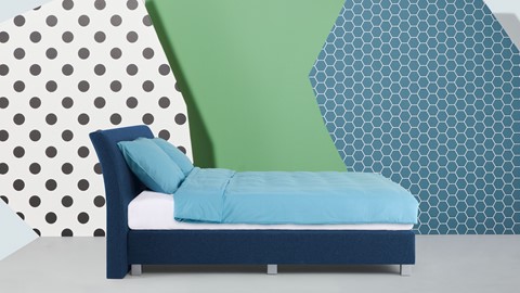 Boxspring Morero vlak met polyether matras, blauw