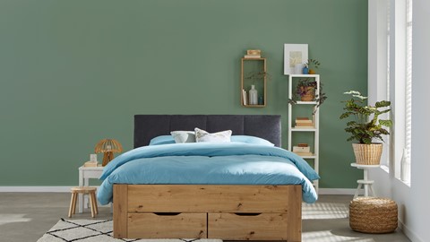 Bed Space met gestoffeerd hoofdbord en opbergladen, eiken + grijs