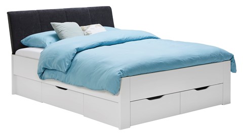 Bed Space met gestoffeerd hoofdbord en opbergladen, wit + grijs