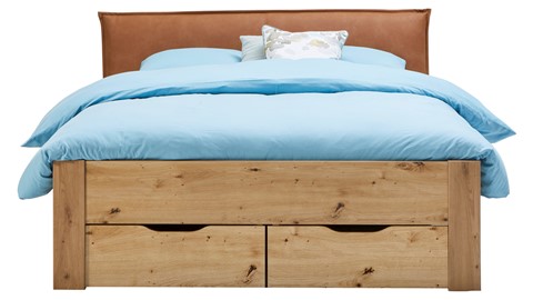 Bed Space met lederlook hoofdbord en opbergladen, eiken + bruin