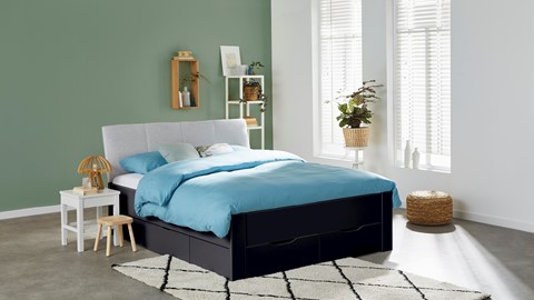 Bed Space met gestoffeerd hoofdbord en opbergladen, grijs + zilvergrijs