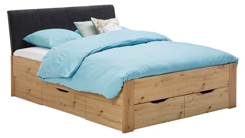 Bed Space met gestoffeerd hoofdbord en opbergladen, eiken + grijs