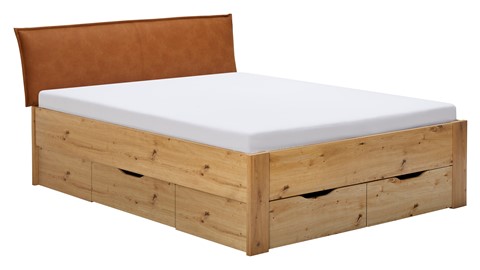 Bed Space met lederlook hoofdbord en opbergladen, eiken + bruin