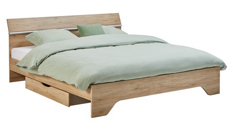 Bed Wald met lattenbodem, polyether matras en 2opbergladen, eiken