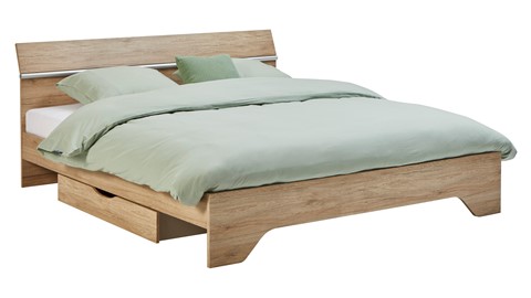 Bed Wald met lattenbodem, polyether matras en 2opbergladen, eiken