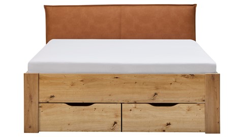 Bed Space met lederlook hoofdbord en opbergladen, eiken + bruin