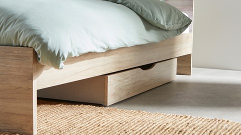 Bed Wald met lattenbodem, polyether matras en 2opbergladen, eiken