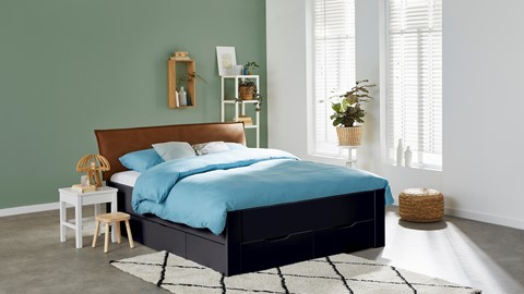 Bed Space met lederlook hoofdbord en opbergladen, grijs + bruin