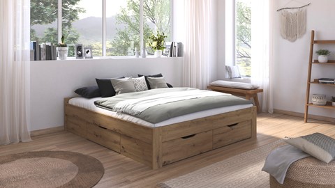 Bed Nori met 4 opbergladen, artisan eiken