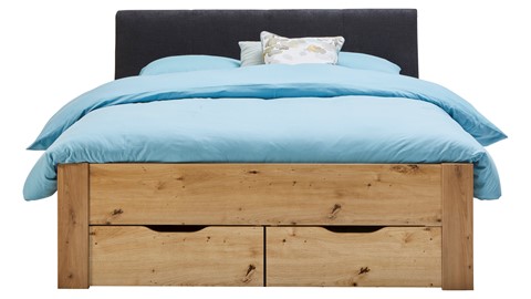 Bed Space met gestoffeerd hoofdbord en opbergladen, eiken + grijs