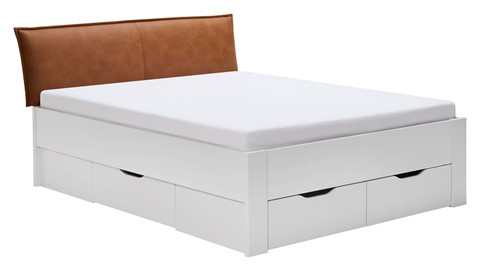 Bed Space met lederlook hoofdbord en opbergladen, wit + bruin