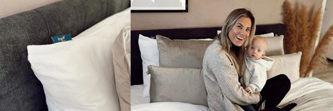 Een vrouw die op een bed zit