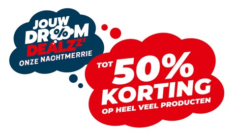 Rode en blauwe stickers met witte tekst
