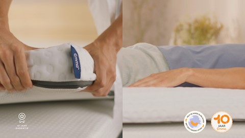 een collage van de hand van een persoon die een matras vasthoudt