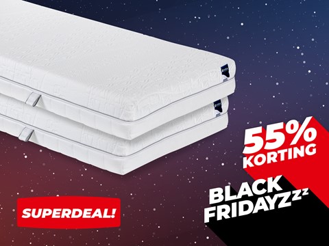 een stapel matrassen op een paarse en blauwe achtergrond